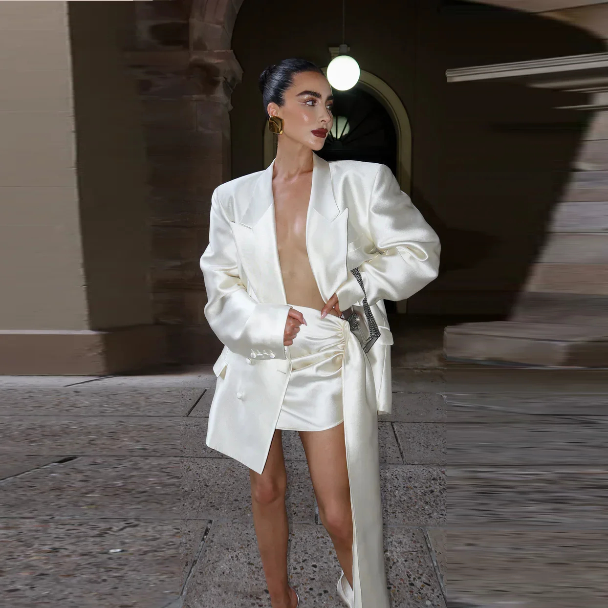 

Pretty Fashion Women Blazer Dresses Full Sleeves Ivory Buttons Decoration Sexy Prom Gown with Overlay Short Mini Dress