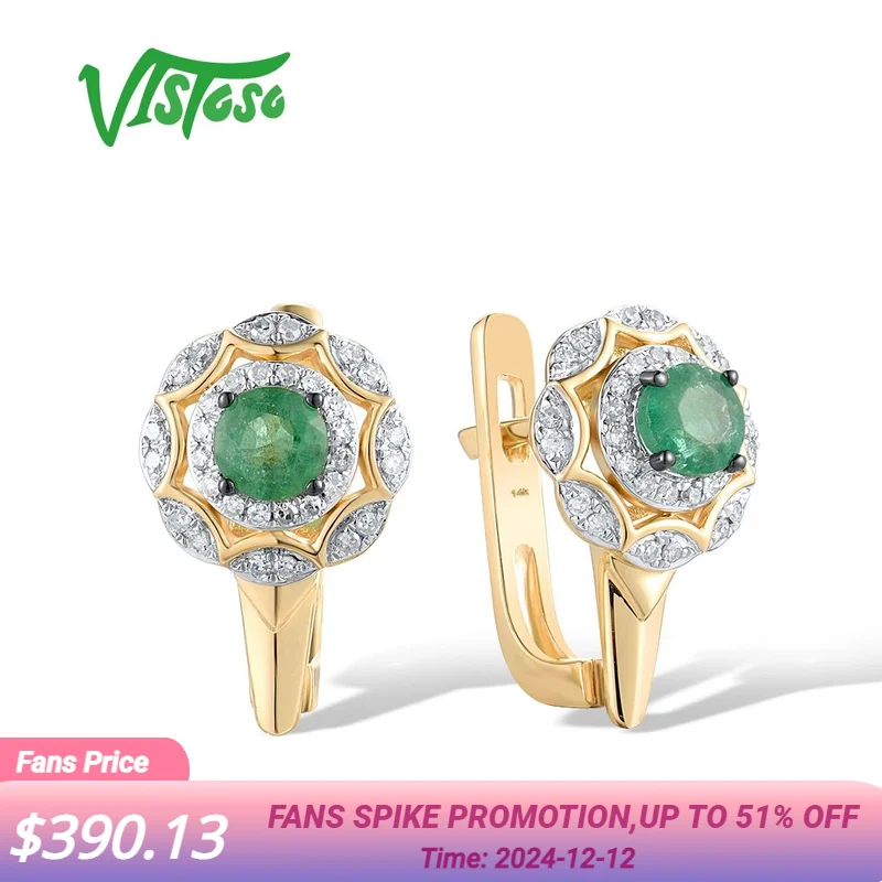 VISTOSO Genuine 14K 585 Yellow Gold Earrings For Women Sparkling Diamond Emerald Classical Party Wedding Glamorous Fine Jewelry