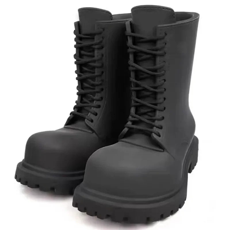 

Fashion Designer High Cut Thick Soled Big Toe Boots Retro Round Toe Square Heel High-Heeled High Lace Up Oversized Boots Unisex