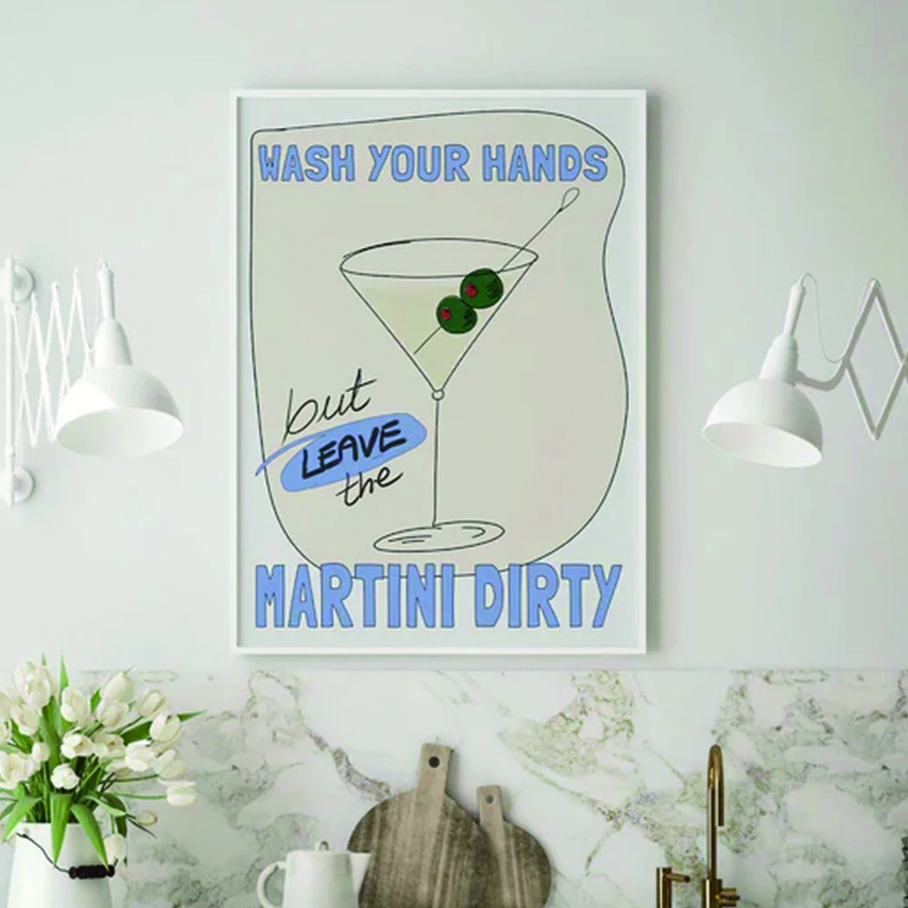 Modern Wash Your Hands Wall Art Print Cocktail Dirty Martini Cart Poster Painting Picture Living Room Kitchen For Home Decor