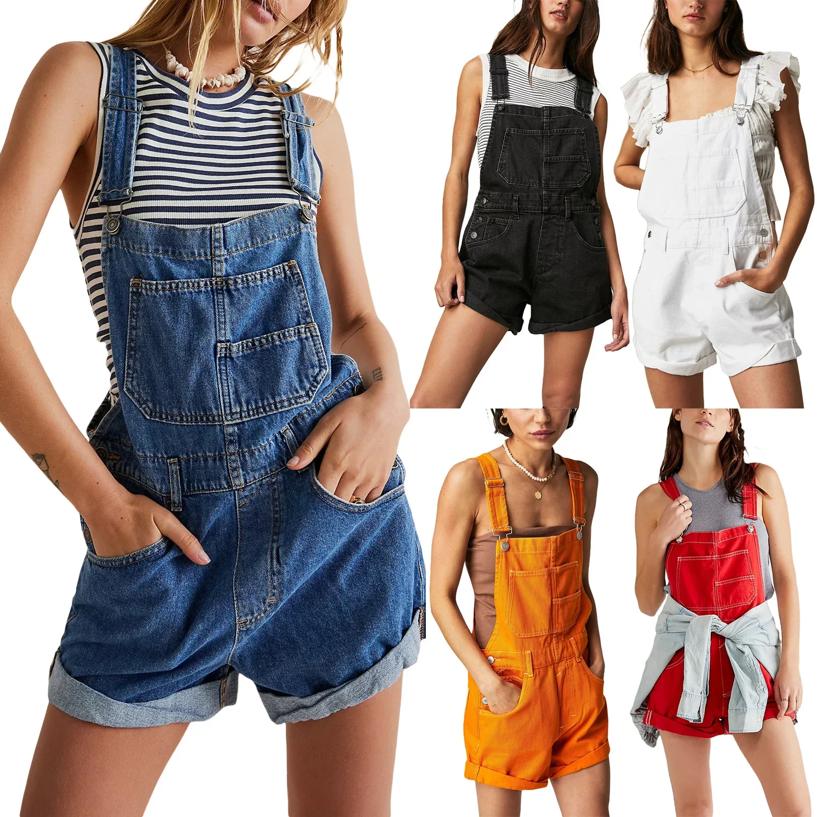 Women Playsuits Overalls Washing Denim Rompers Solid Shorts Pockets Spliced High Street Backless Loose Button