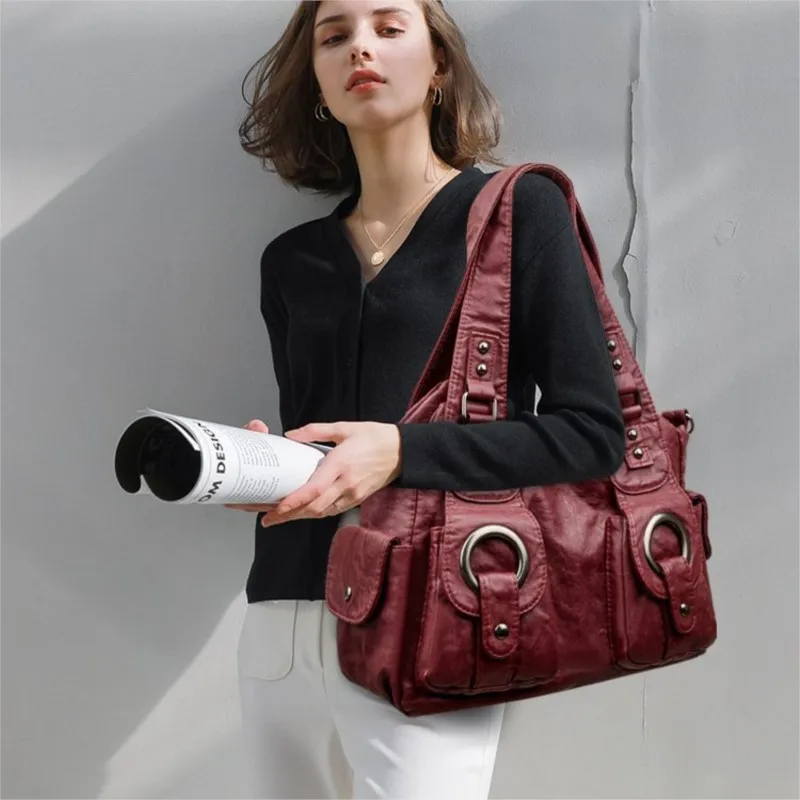 

Fashion Rivet Wrinkle Tote Bag Women Solid Color Leather Large Capacity Shoulder Bags Ladies Multi Pocket Durable Crossbody Bag