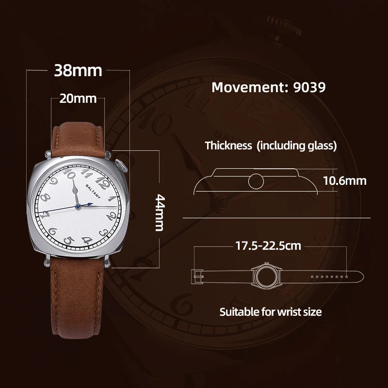 Baltany S4055 Luxury 9039 Mechanical Watch For Men Automatic Dress Watch Sapphire Crystal 5ATM 1921 Retro Square Wristwatch