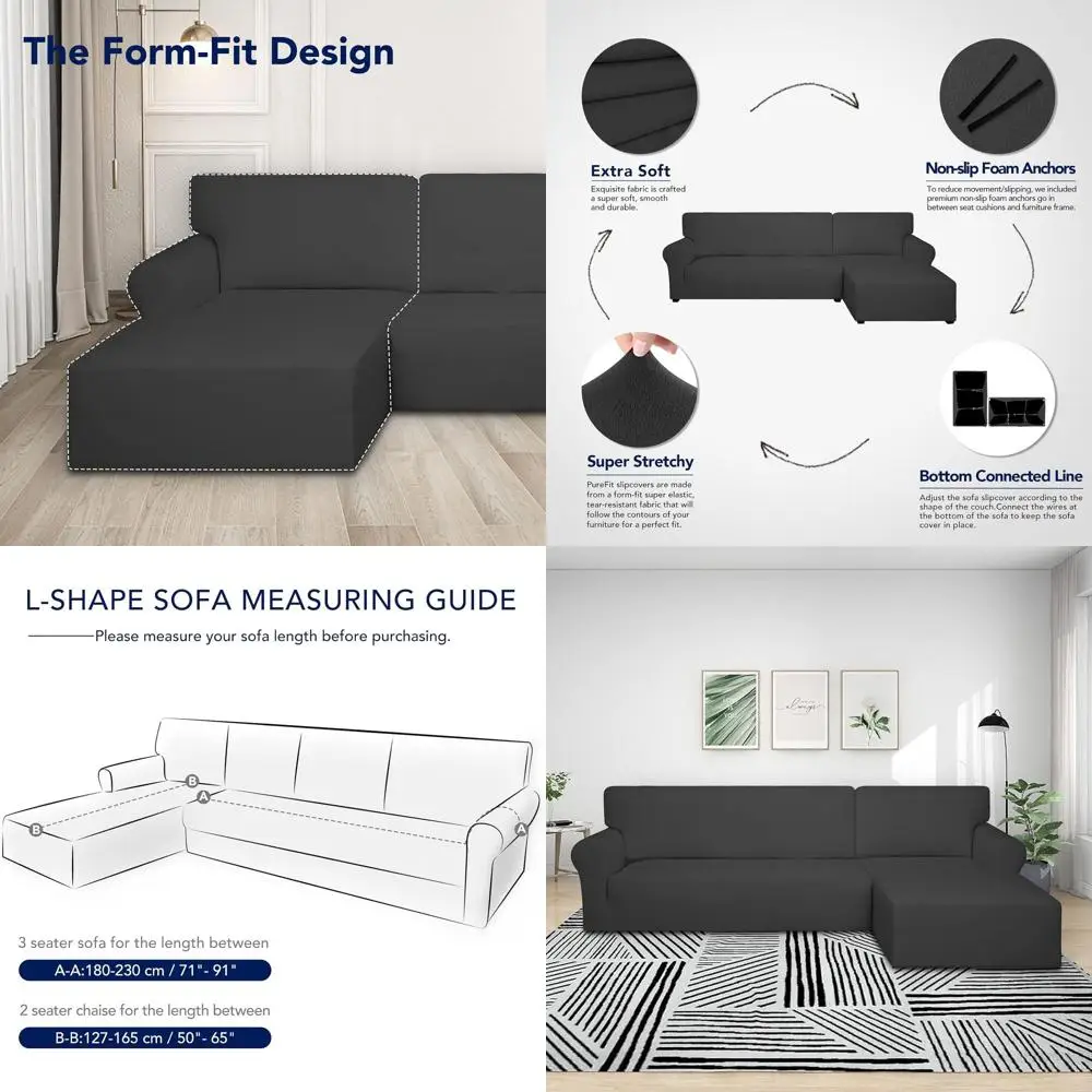 

Stretchy Sofa Covers for L-Shaped Sectionals - 2-Piece Spandex, Non-Slip, Elastic Base for 3+2 Seater, Ideal for Kids and Pets,