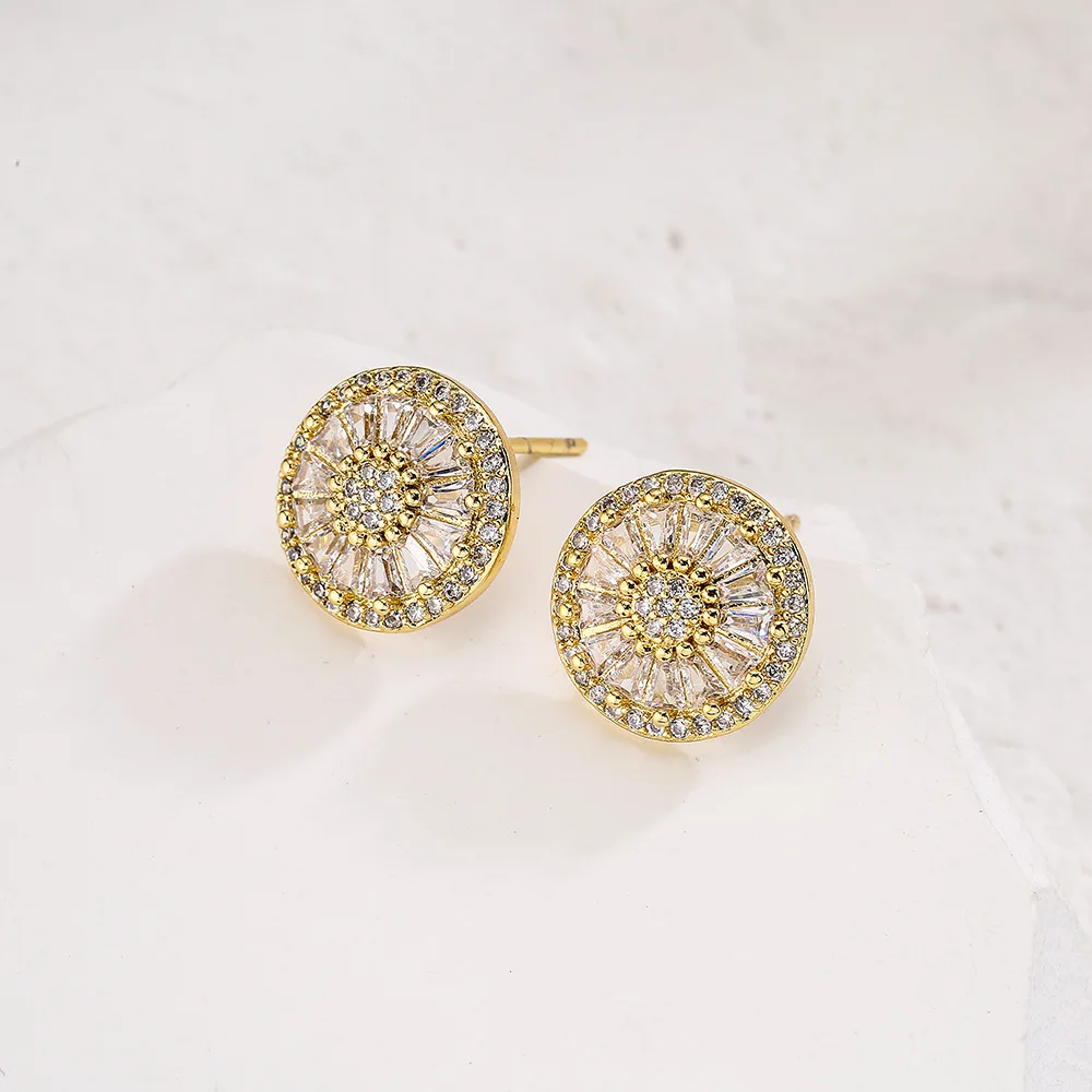 NEWBUY Luxury AAA Cubic Zirconia Pave Setting Copper Jewelry Gold Color Round Stud Earrings For Women Girl