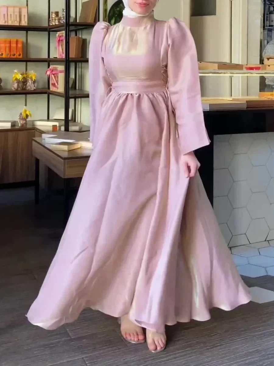 Eid Muslim Party Dress for Women Ramadan High Neck Long Dress Belt Morocco Vestidos Largos Dubai Turkey Robe Jalabiya 2024