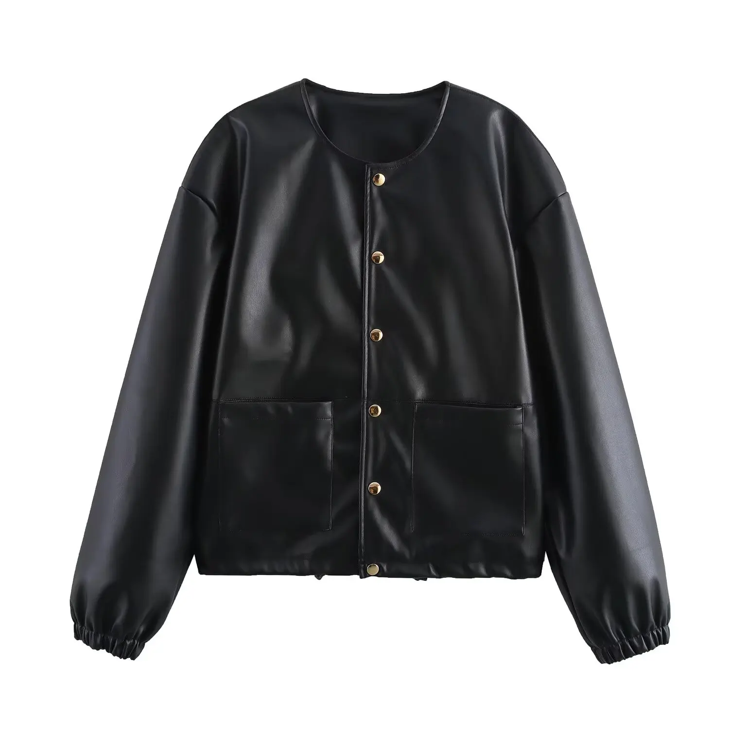 

2025 New Women's Clothing European and American Style Patch Pocket Decoration Faux Leather Round Neck Long Sleeve Jacket