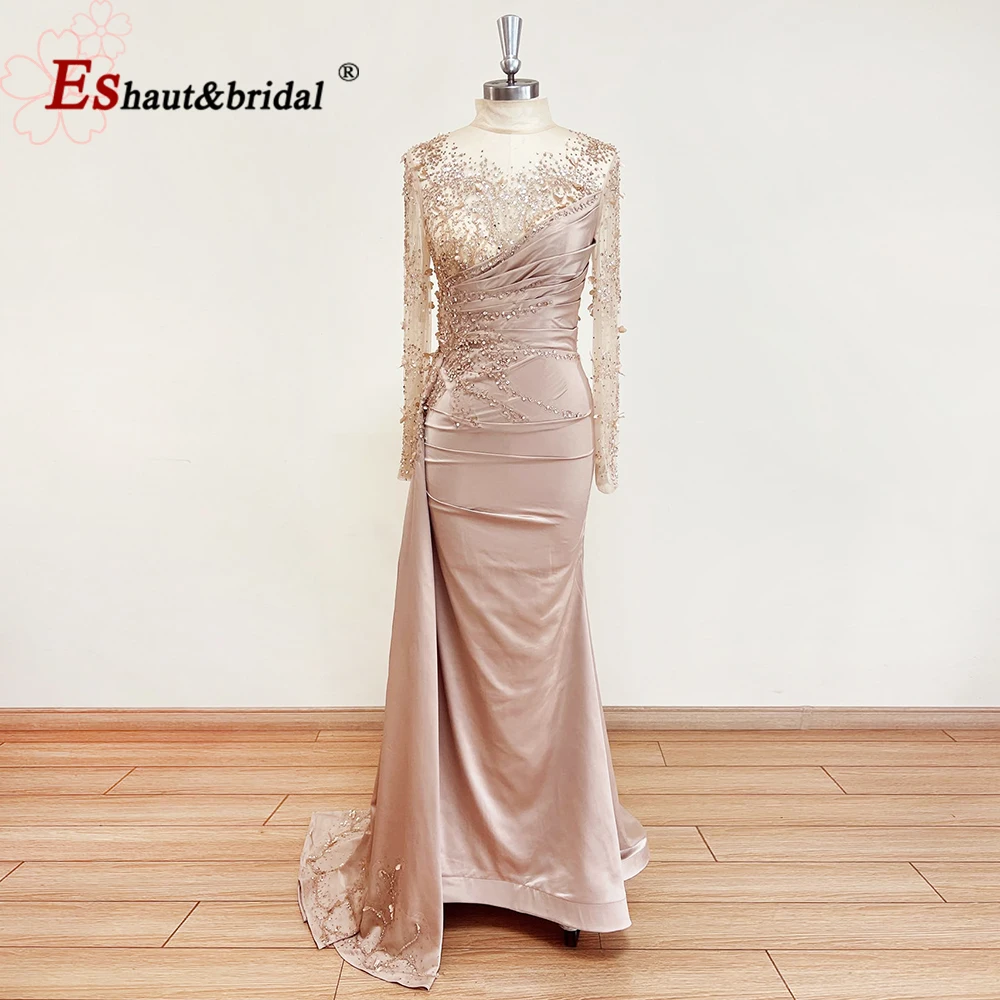 Vestido de noche árabe de sirena elegante para mujer, vestido Formal musulmán de manga larga con cuello alto para fiesta de graduación y boda, personalizado, 2024