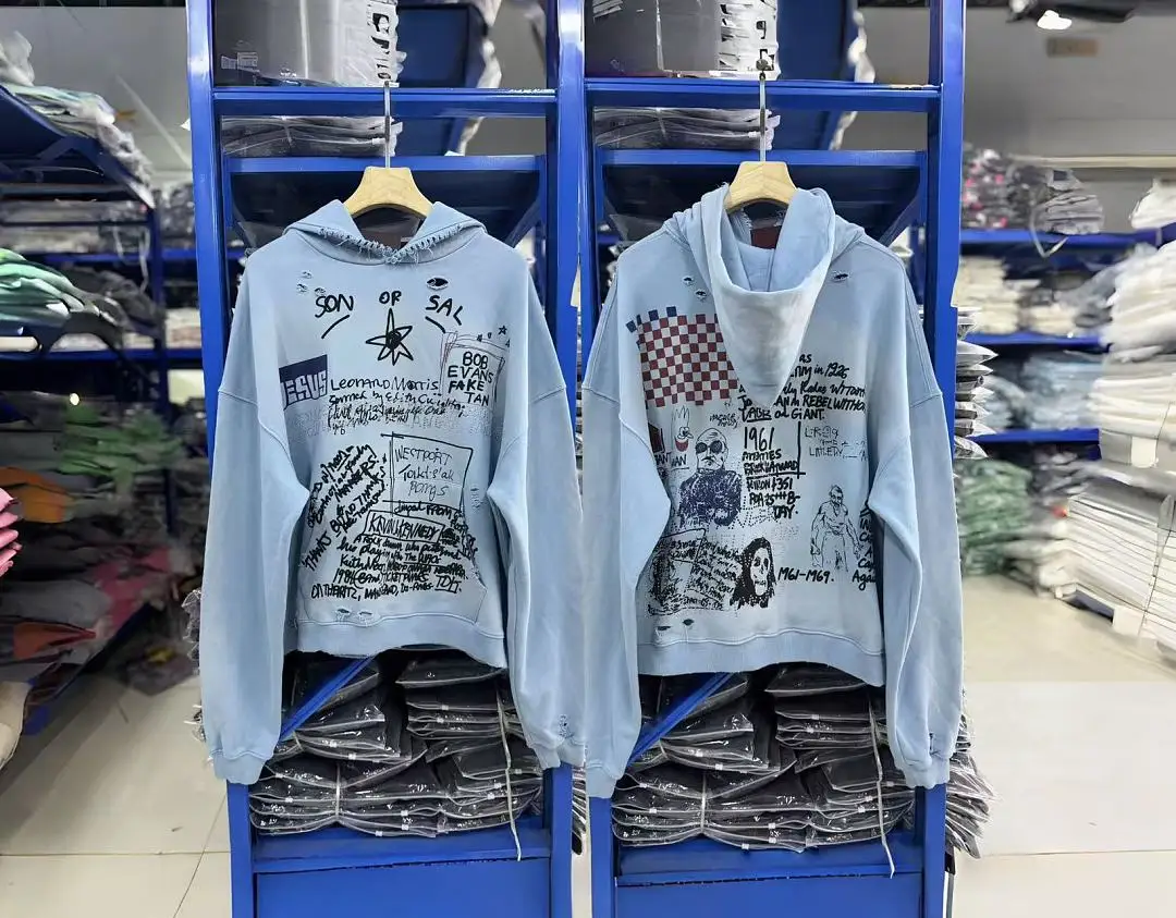 2026SS PALY Son of Sal Printed Women Men Washed Hooded Sweatshirt Hoodies Oversized Men Ripped Distressed Hoodie Pullover