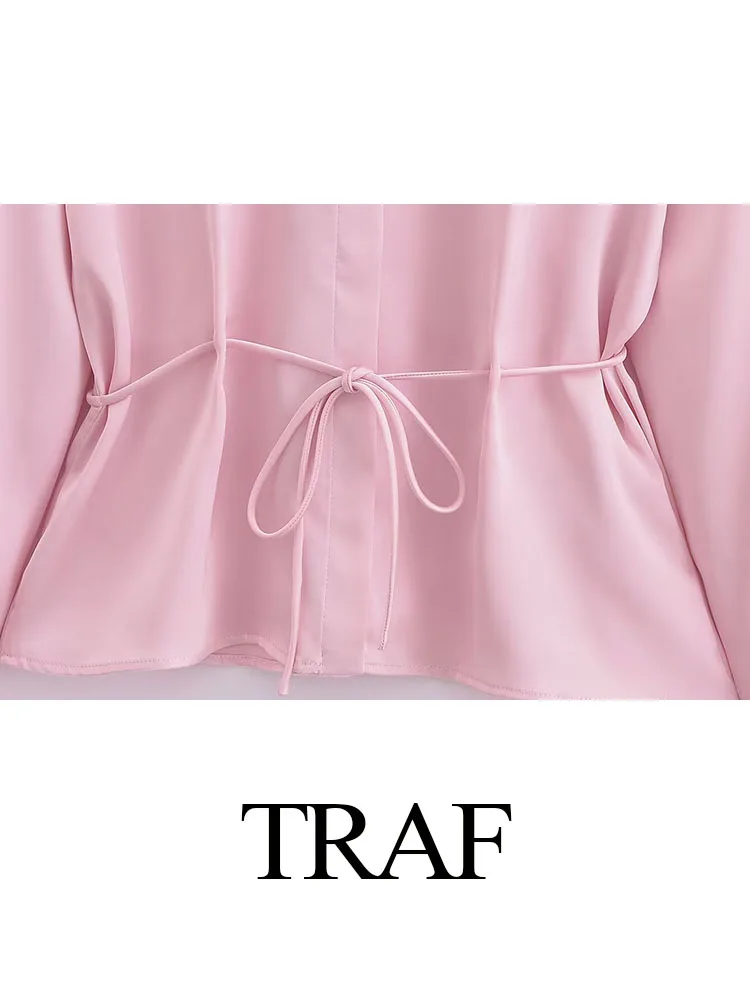 TRAF Woman New Fashion Spring Casual Shirt Pink Turn-Down Collar Long Sleeves Lace-Up Decorate Single Breasted Female Blouses