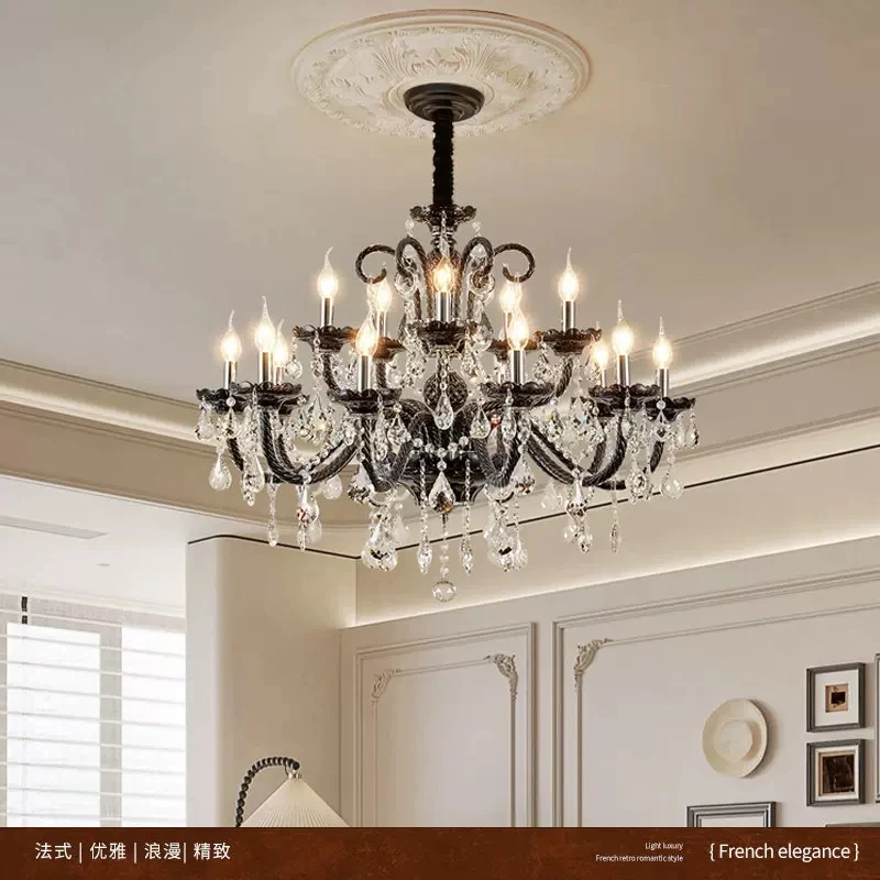 French retro black crystal chandelier, palace style living room light, high-end villa light luxury dining room bedroom light