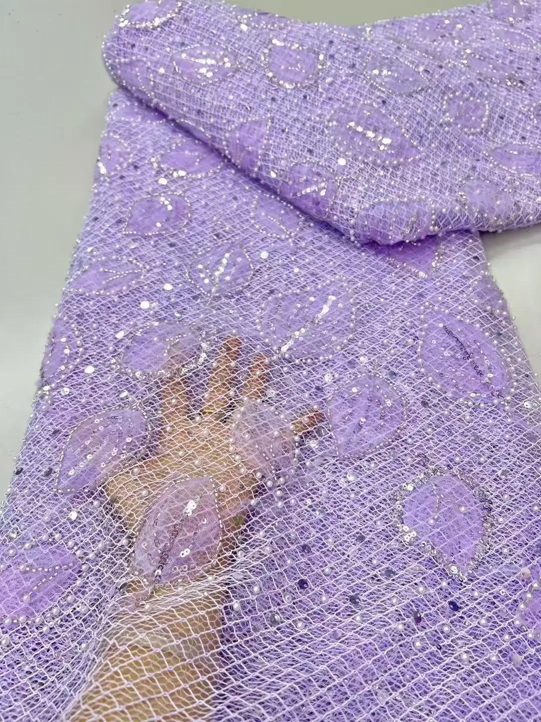 

2025 Latest Lace Luxury Purple color options Embroidery Tulle With Nigerian Handmade Sequin Beads Lace Fabrics For 5yards Dress