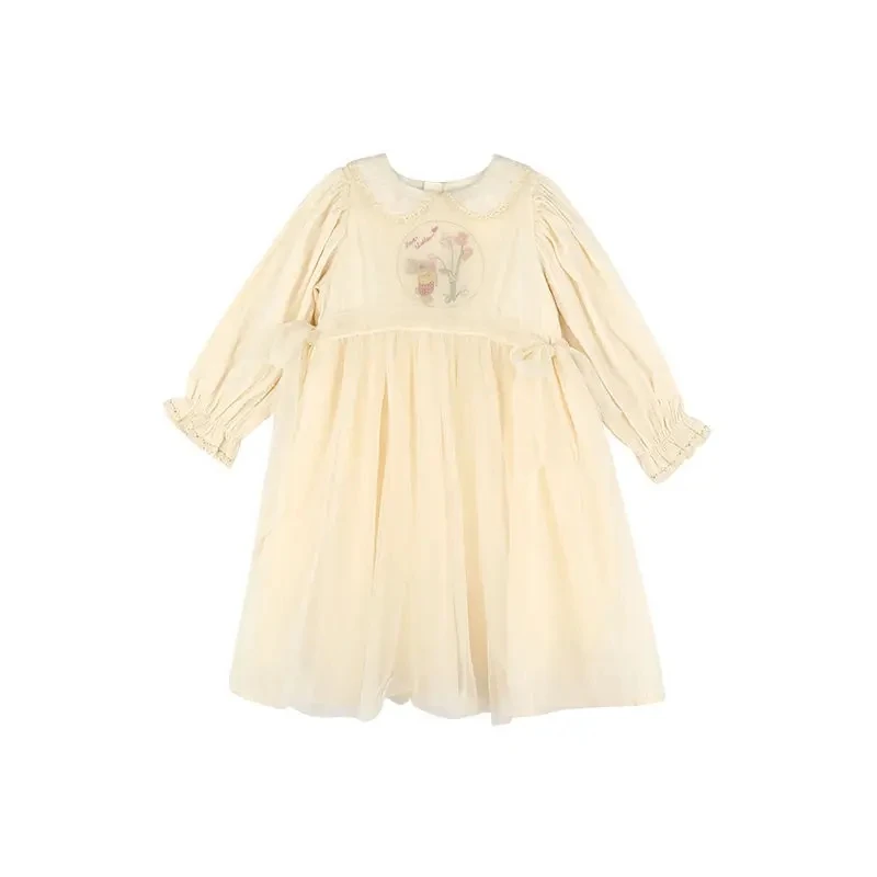 1-9Y New Baby Kid Girl Spring Summer Cream Color Kids Infant Dress Children Doll Collar Embroidered Yarn Dress Girls Clothes