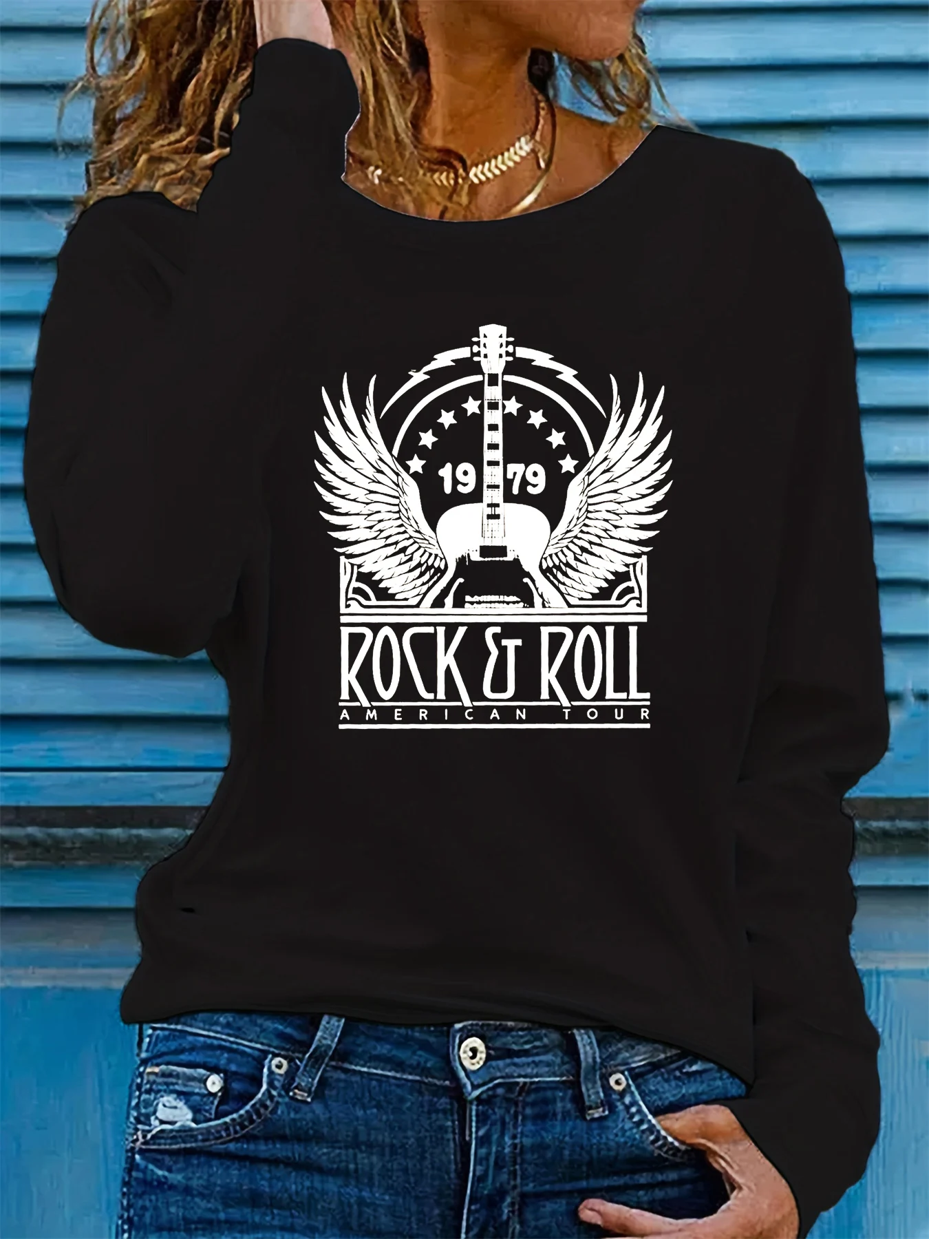 100% Cotton Women's Spring and Autumn Comfortable Casual Long Sleeve ROCK ROLL Pattern Printed Round Neck T-shirt