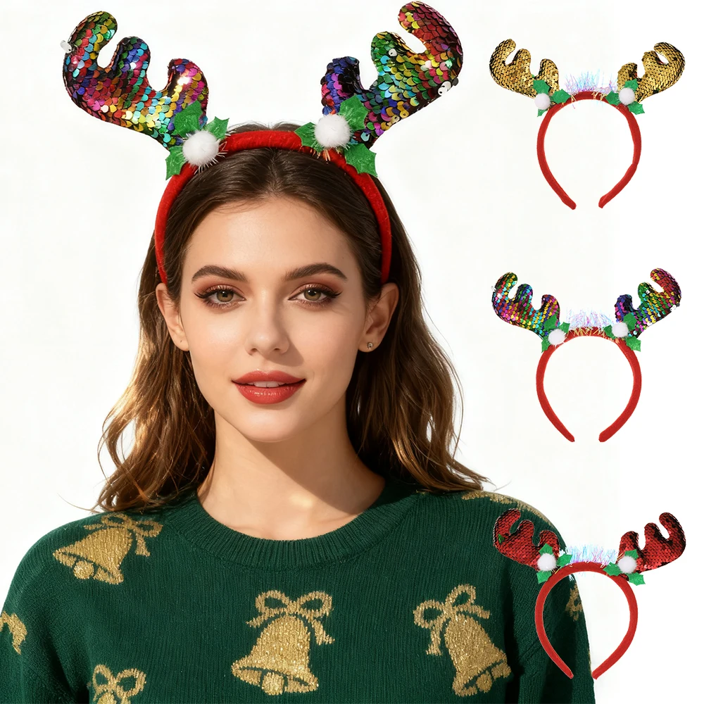 

AWAYTR Рождественская декоративная повязка для волос с блестками и рогами, пластиковый обруч для волос для девочек, широкая повязка на голову, аксессуары для волос, праздничная повязка для волос