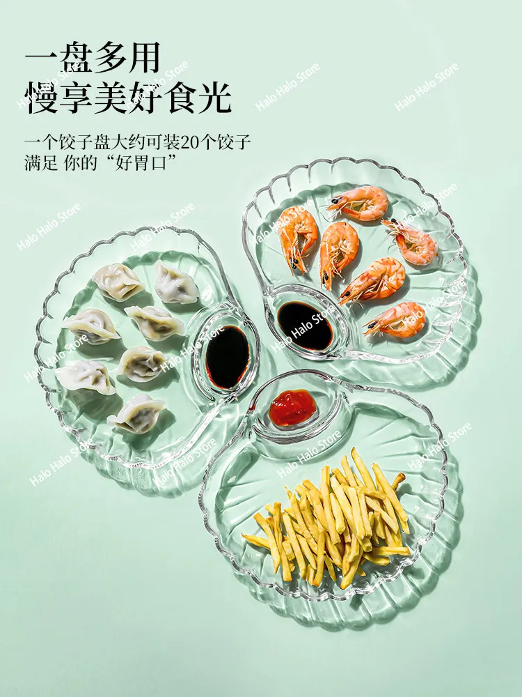 Buy one get one free dumpling plate with vinegar plate Household glass dumpling plate High value special grid shell dish