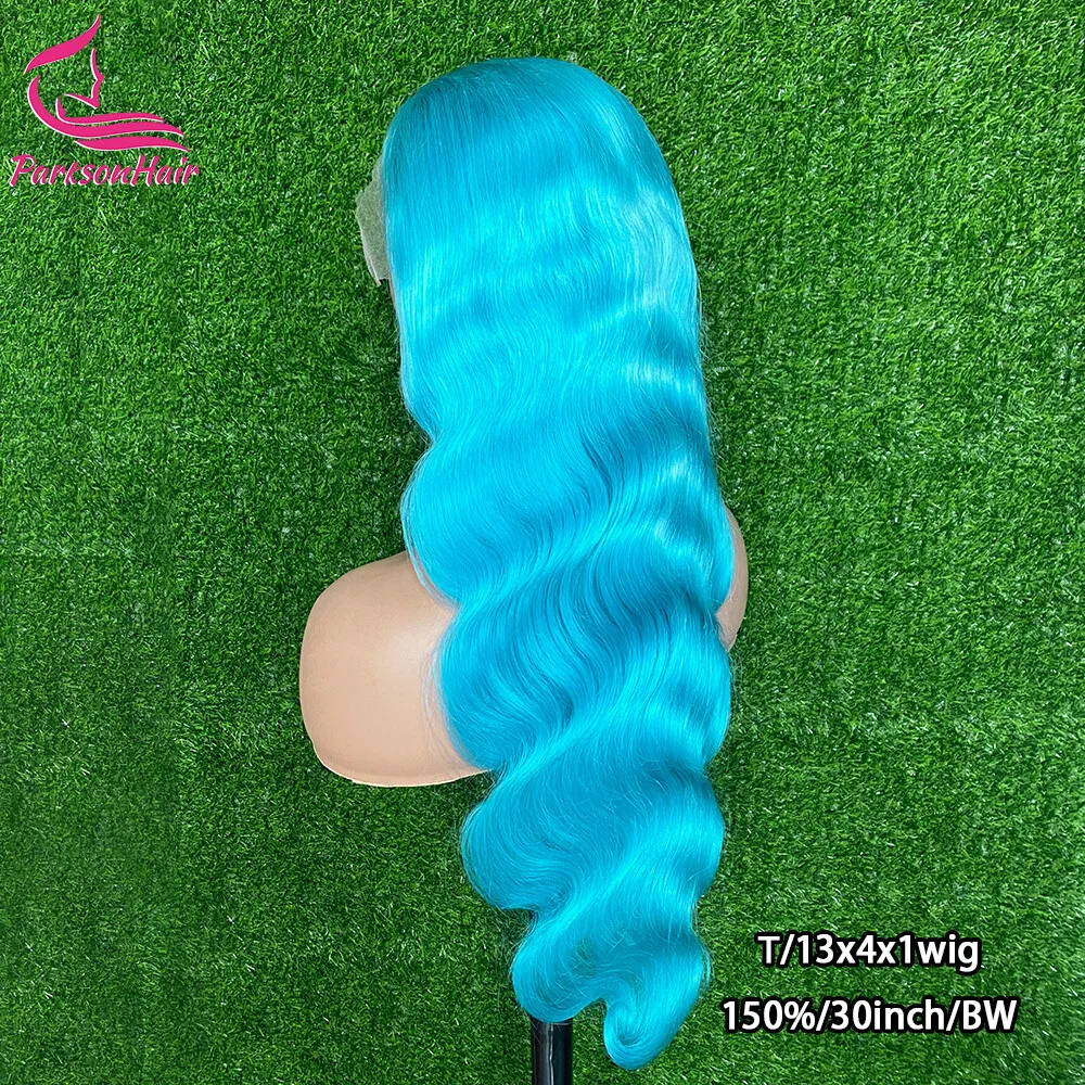 Peruki z ludzkich włosów Body Wave w kolorze niebieskim, peruka typu lace front 13x4 z transparentną koronką, wstępnie wyregulowana linia włosów, brazylijskie peruki z ludzkich włosów w kolorze dla kobiet.