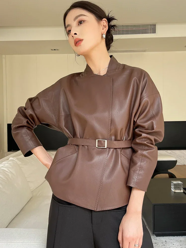 

High-end Casual Stand Collar Genuine Leather Jackets for Women 2024 New Trend Solid Simple Natural Sheepskin Coat with Belt