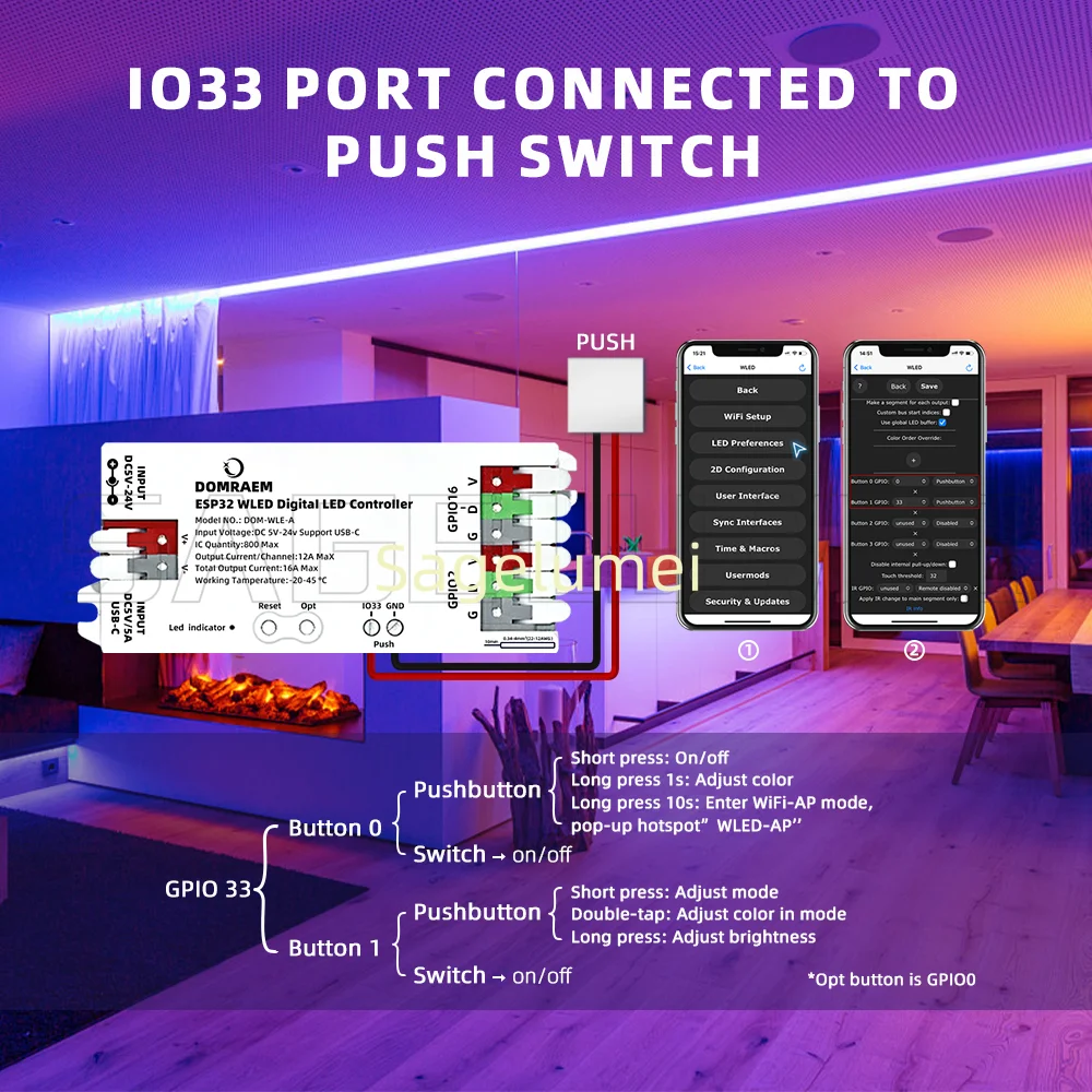 DOMRAEM ESP32 WLED USB-C Addressable LED Controller 0.5W Standby for WS2811/2814/2805 DIY Projects MQTT Alexa SmartHome Control