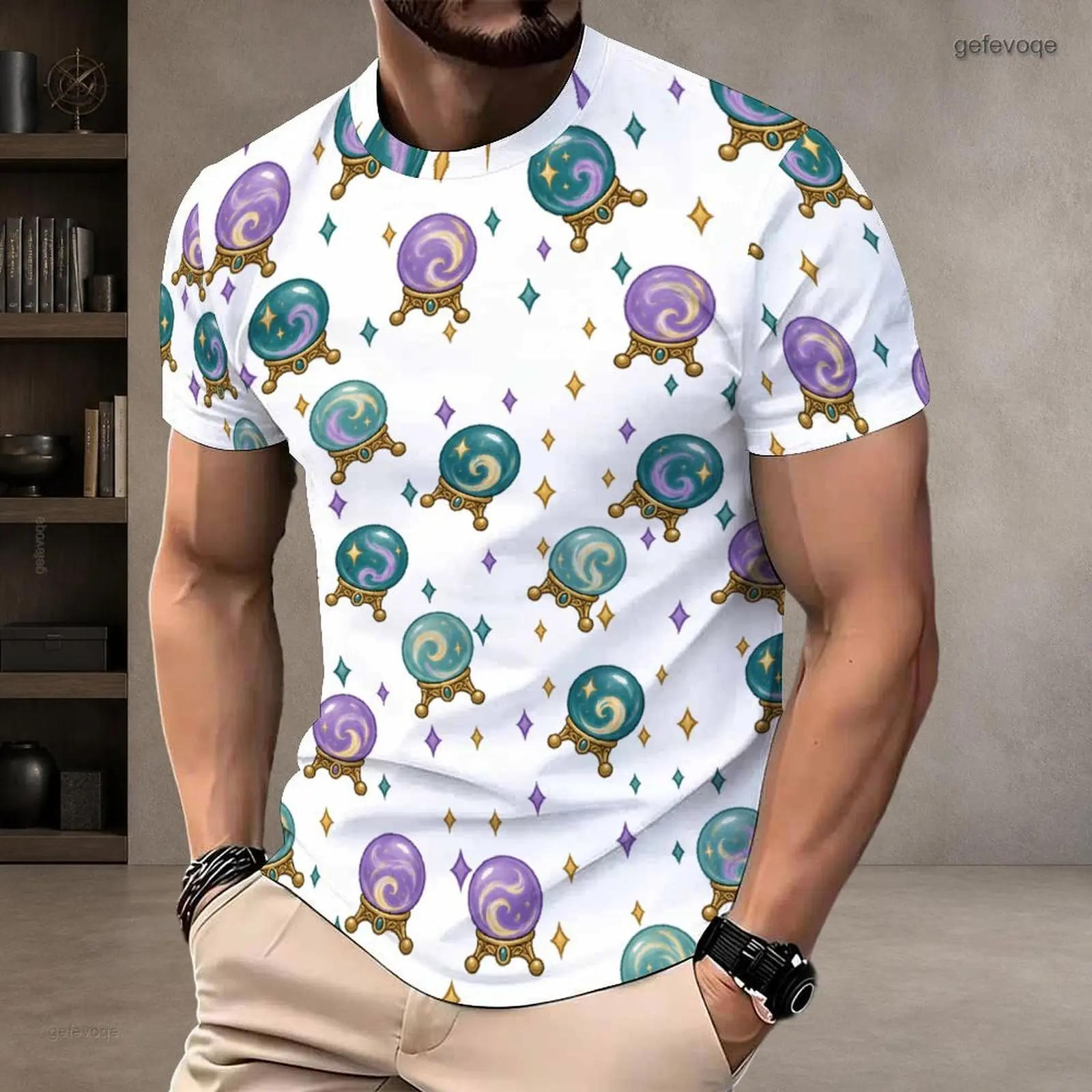 Men's Short Sleeve Round Neck T-Shirt, All Over Printed Magic Crystal Ball and Sparkle Pattern
