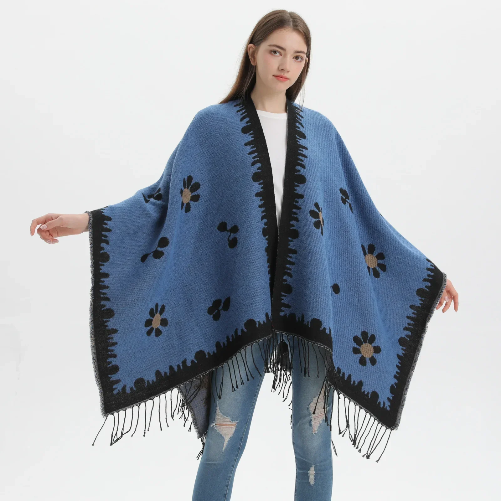 

Imitation Cashmere Poncho Fashionable Autumn Winter Shawl New Small Fresh Flower Cardigan With Tassel Split Warmth Cape Cloak