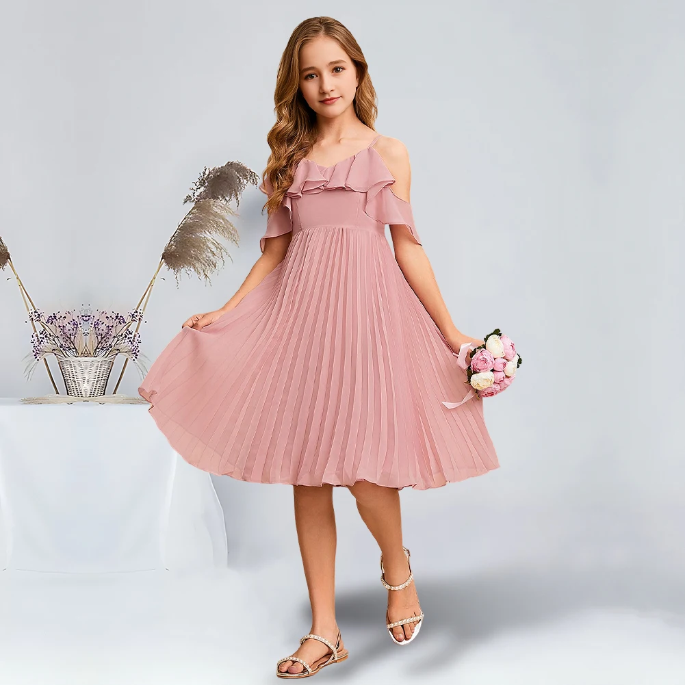 

Chic A-Line Cold Shoulder Knee-Length Chiffon Junior Bridesmaid Dresses Blush Charming Flower Girl Dresses Party Wedding Kids