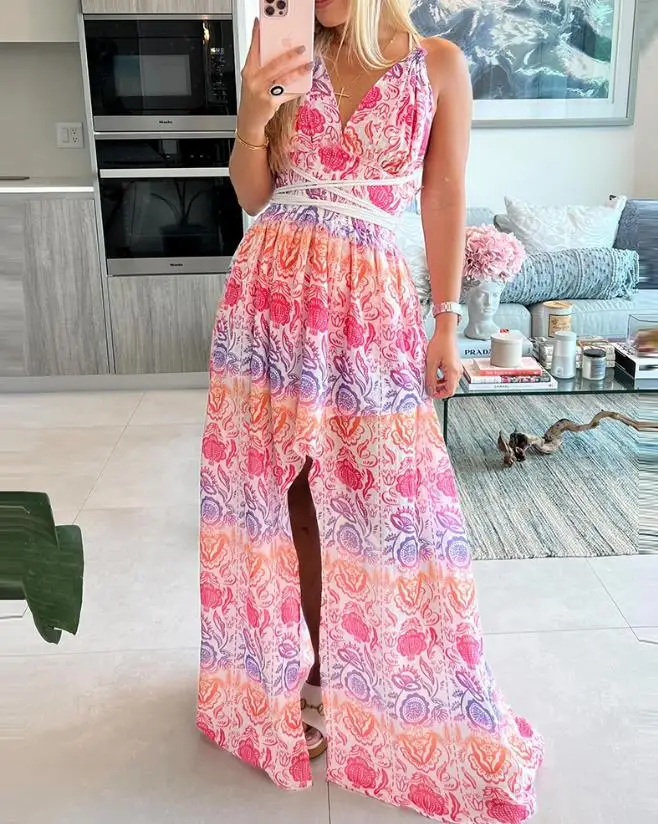 2024 motivo floreale stampa fessura senza maniche Maxi vestito moda abiti estivi elegante donna Sexy a-line muslimate