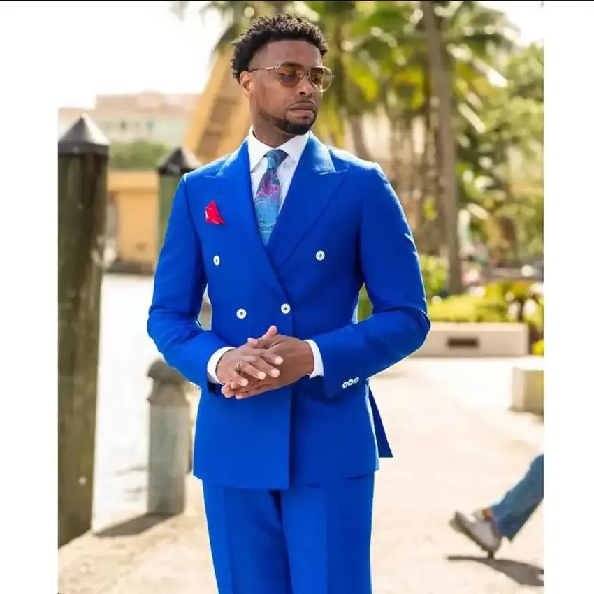 

Luxury Royal Blue Men Suits Double Breasted Blazer Peaked Lapel Casual Daily Wedding Costume Homme 2 Piece Jacket Pants Set 2025