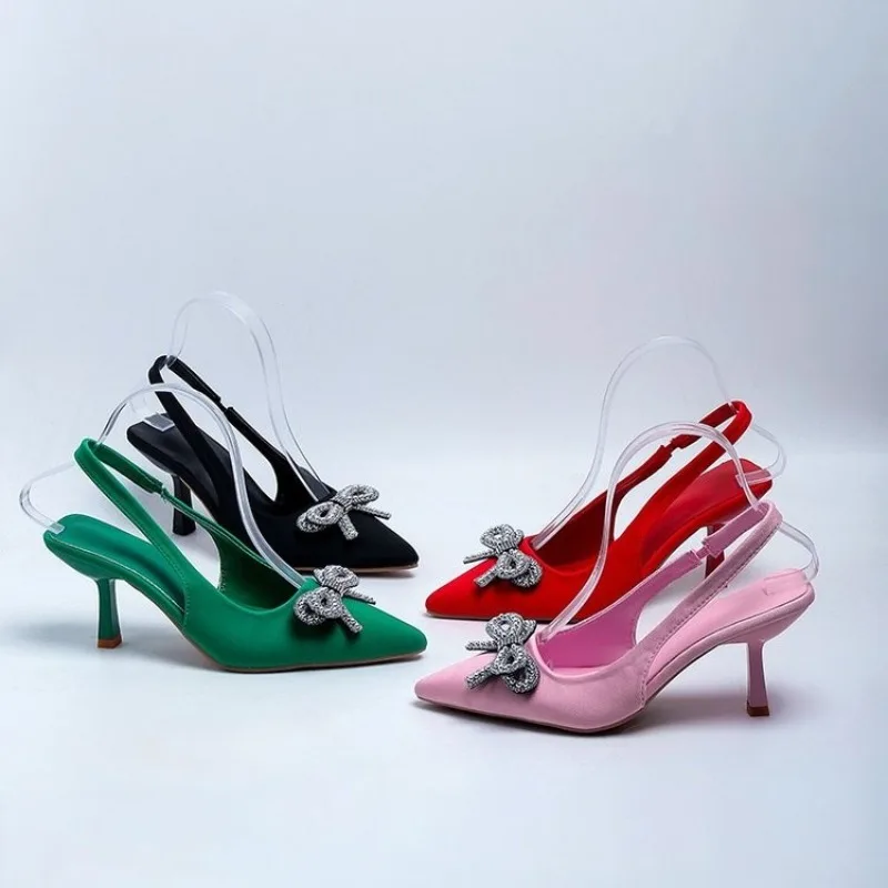 

Large Size High-heeled Sandals for Women in The Summer of 2026, with Pointed Back Straps, Bow Ties, Rhinestones, and Slim Heels