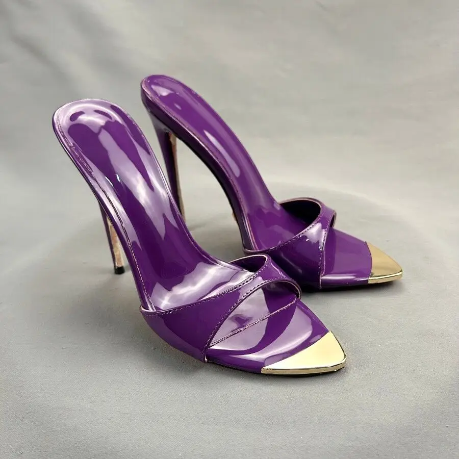 Designer New Shiny Purple Patent Women 12cm Sexy Pointy Toe Slip on Slippers Ladies Stilettos Sandals High Heel Party shoes