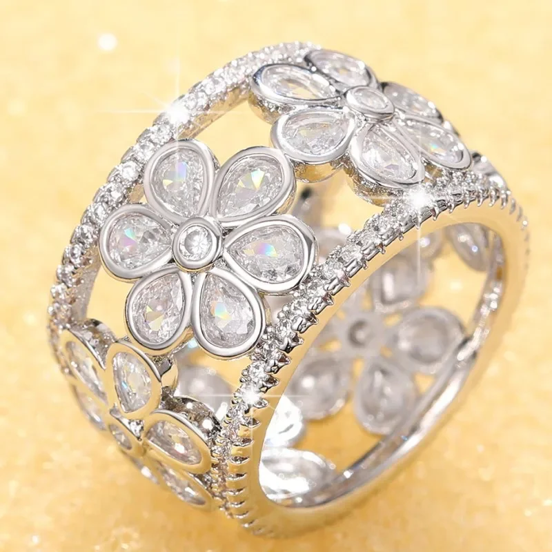 Classic Vintage S925 Silver Shine Dazzling Cubic Zirconia Court Princess Ring for Women Noble Dainty Wedding Party Jewelry Sets