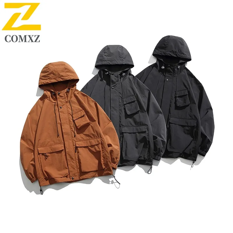 

COMXZ Mens Jacket Vintage Hooded Outdoor Mountaineering Windproof Coat Multi-Pocket Design Comfortable Lightweight Autumn Wear