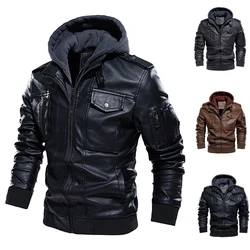 Männer Motorrad Leder Jacke Männlichen Künstliche Leder Kleidung Herbst/Winter Bomber Faux Pu Ourwearing Biker Haube Fleece Mantel