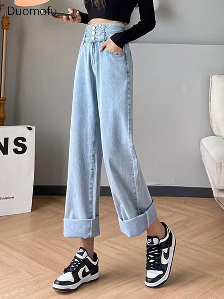 Duomofu Ins High Waist Slim Chic Button Female Jeans Summer Street Full Length Simple Casual Fashion Loose Straight Women Jeans