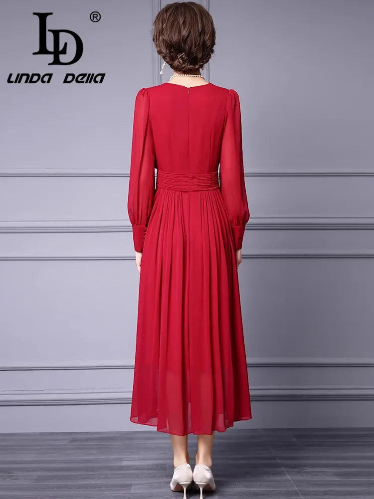 LD LINDA DELLA Elegant Evening Solid Color Women\'s Dress Lantern Sleeved Chic Appliques Design High Waiste Pleated Dresses