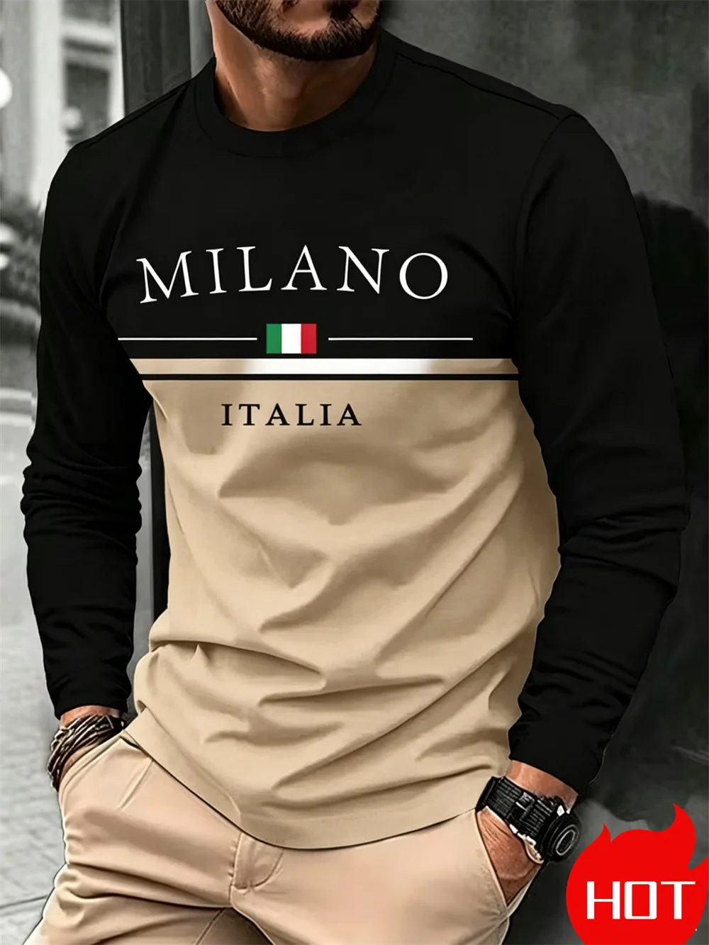 Italia Milano Letter Pattern Print Men T-Shirt Fashion Spring and Autumn Long Sleeve Casual Top Male O-Neck Loose Streetwear Tee