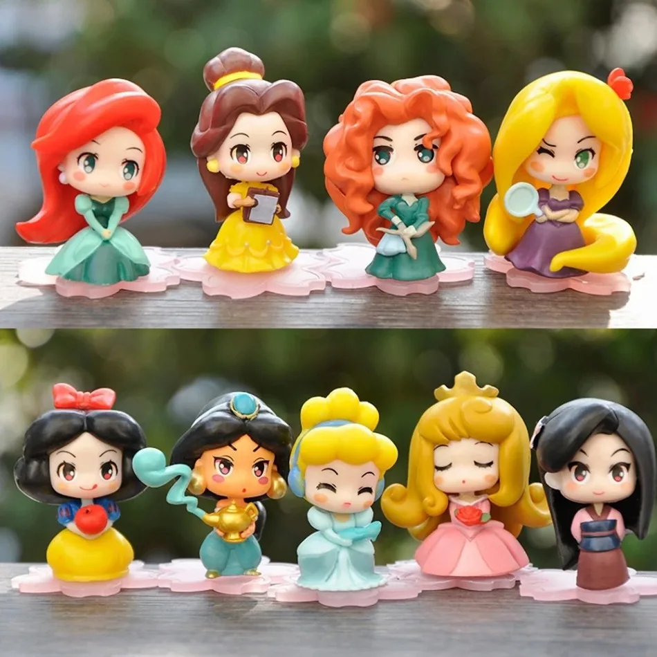 9 unidades/set de figuras de PVC hechas a mano de 6 cm de las princesas Kawaii Q: Rapunzel, Blancanieves, Jazmín, Mulan y Ariel, ideales para decoración de tartas y regalos.
