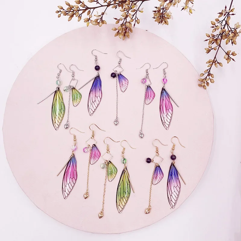 Handmade Fairy Tale Butterfly Wing Earrings Women Simulation Insect Wing Drop Earrings Foil Statement Earrings Bridal Jewelry