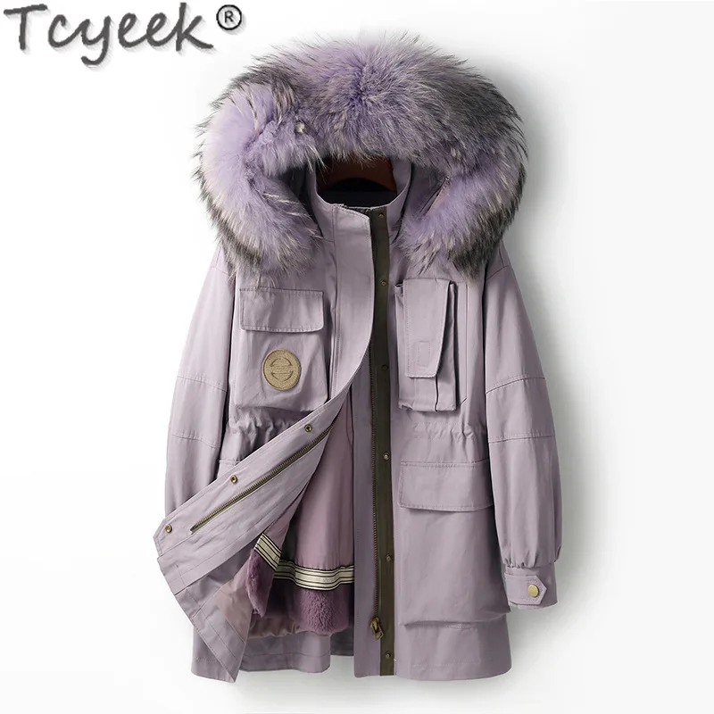 

Tcyeek Rex Rabbit Fur Detachable Parka Safari Style Womens Fur Coat Warm Raccoon Fur Collar Winter Jackets for Women Clothing