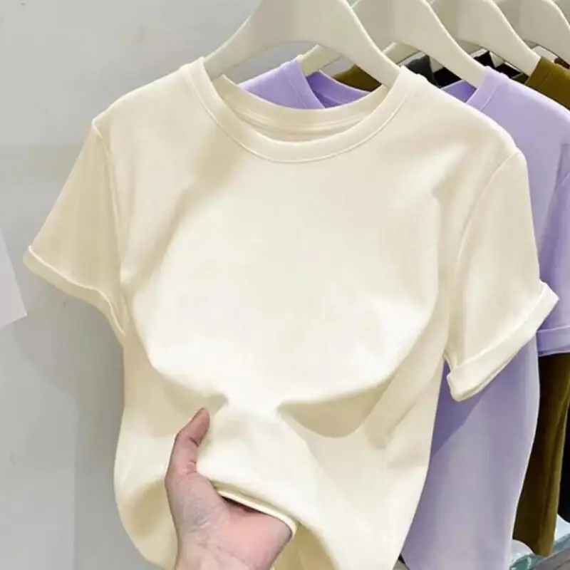 

Модная женская футболка с коротким рукавом, утягивающая плечи, для лета, повседневная, универсальная, хлопковая, новинка 2026 года, приталенный крой