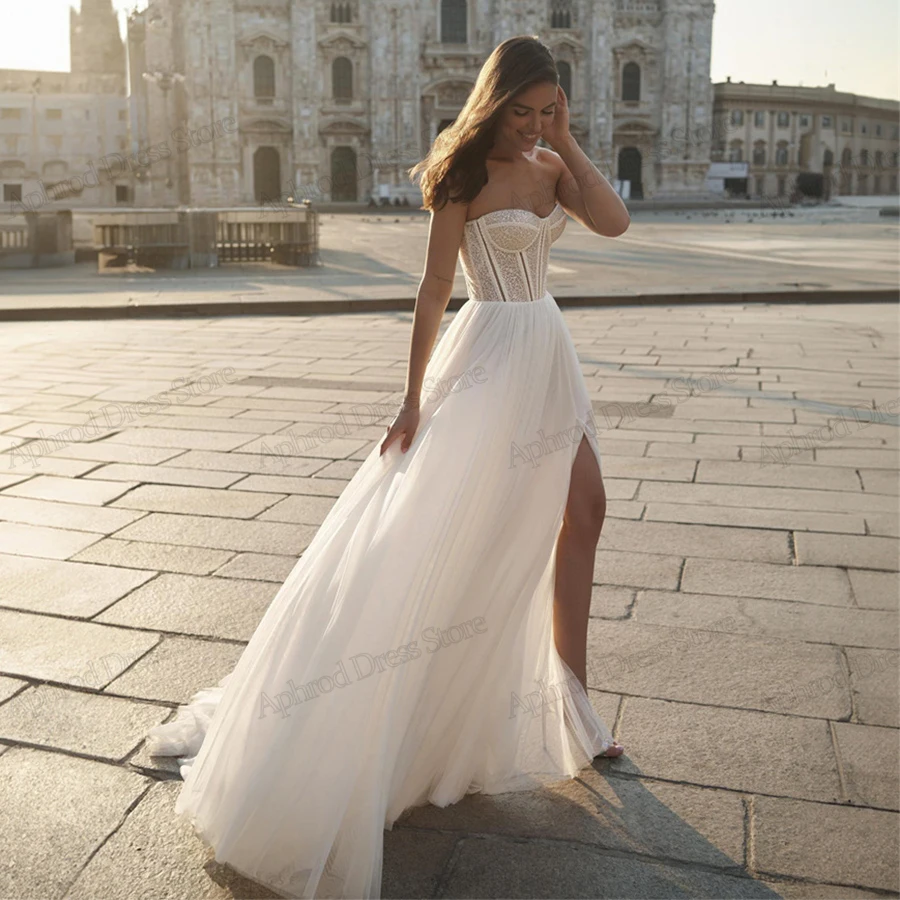 Robes de mariée A-ligne en tulle vintage, patients à plusieurs niveaux, robes dos nu sexy à fente haute pour la fête formelle, robe éducative de mariage, quoi que ce soit, 2024