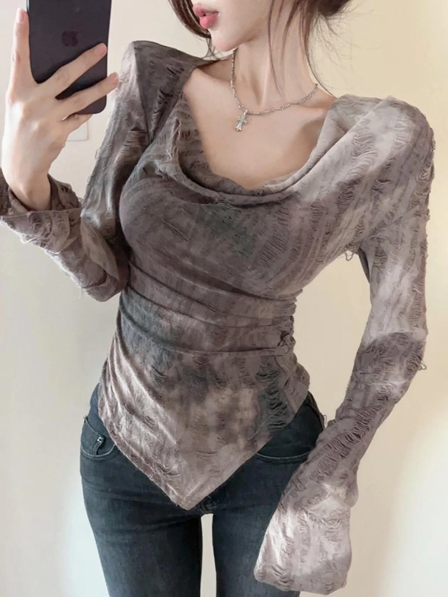 Fashionable Long Sleeve Tie Dye One Shoulder T-Shirt Women's Distinctive Neck Design Base Shirt High Waist Korean Style Summe...