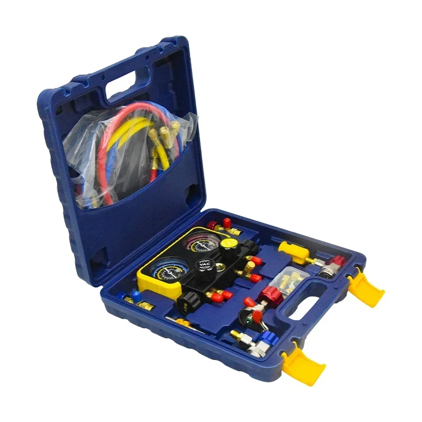 1 Set 4-Wege-A/C-Verteilermessgerät-Set, passend für R134A, R410A, R32, R22, Kältemittel, Klimaanlage, Fluorid-Werkzeug-Set mit Schlauch