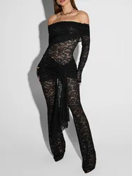 2025 Women's Jumpsuits Lace See Through Long Sleeve Sexy Jumpsuit Fashion Lace Off-shoulder Bodycon High Waist Club Party Outfit