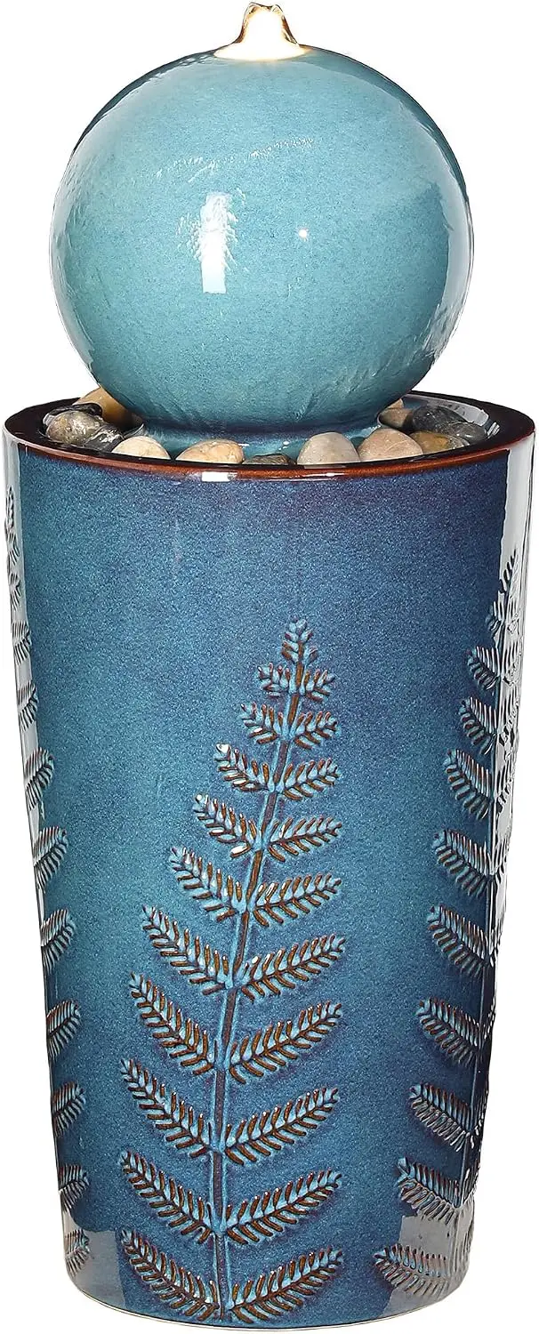 Teal Glazed Ceramic Sphere Fountain With Leaf Pattern Pebbles And LED Light