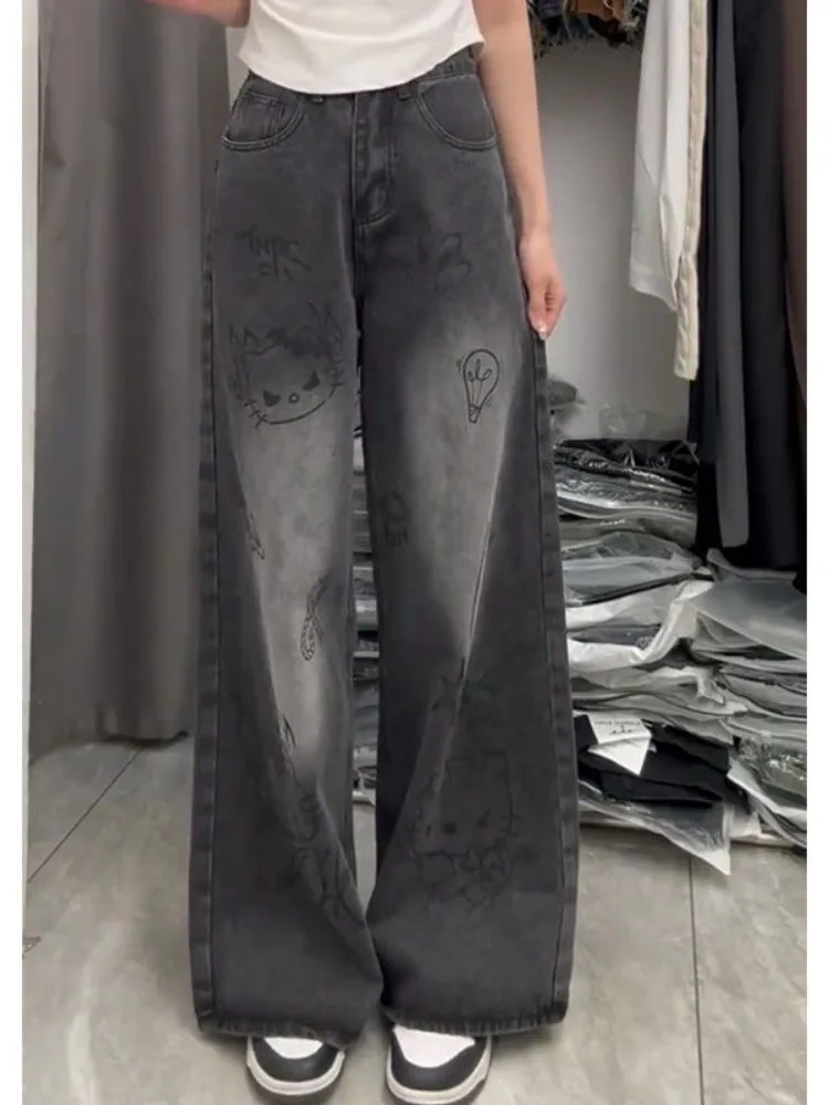 Women's Baggy Pants Punk Y2K Painted Graffiti Cartoon Printed High Street Vintage Design Straight High Waist Draped Floor-length