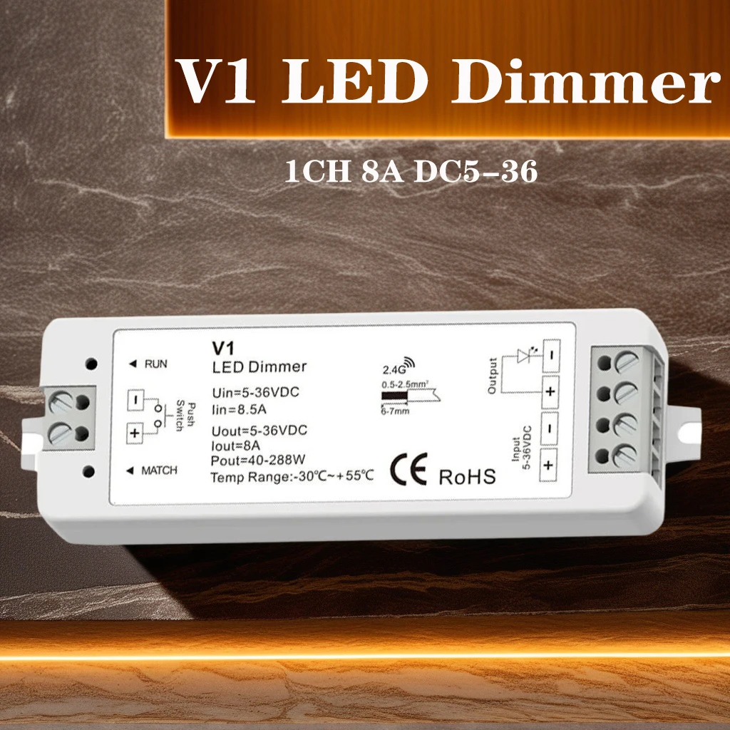 V1 LED-Dimmer, 1 Kanal, 5 V, 12 V, 24 V, 36 V, einfarbiges LED-Streifen-Dimm-Set, 2,4 G RF-Fernbedienung