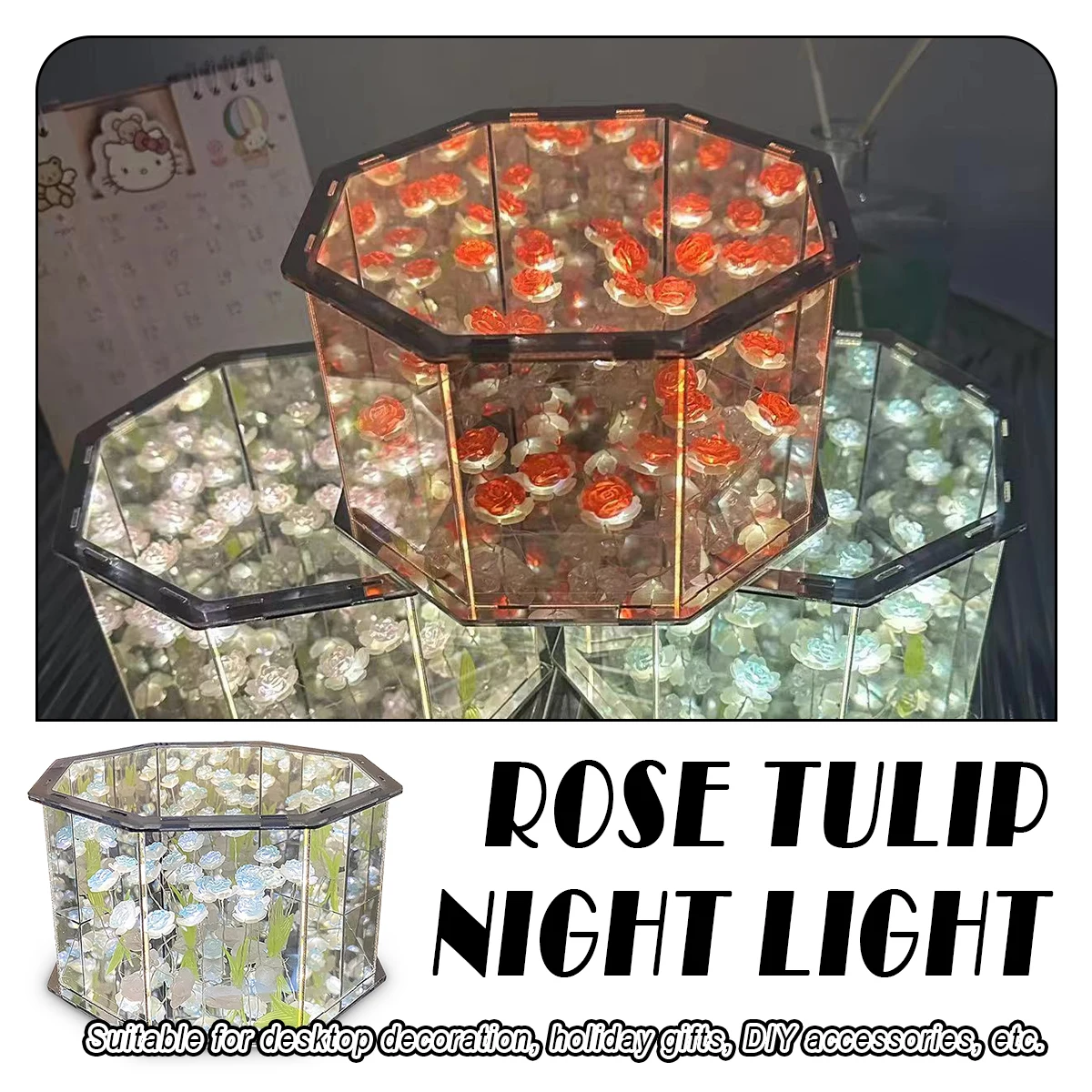 

DIY Tulip Rose Mirror Cube Lamp Gifts 3D Friend Gift Creative LED Photo Frame Atmosphere Night Birthday Valentine'S Light Table