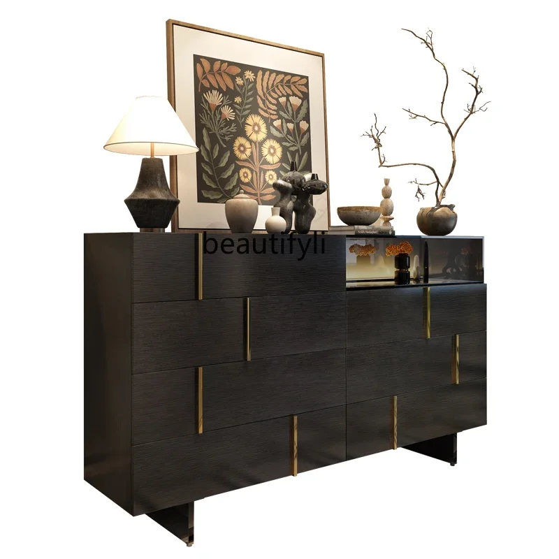 

Italian light luxury modern simple villa glass display chest living room multi-pump side cabinet with lamp