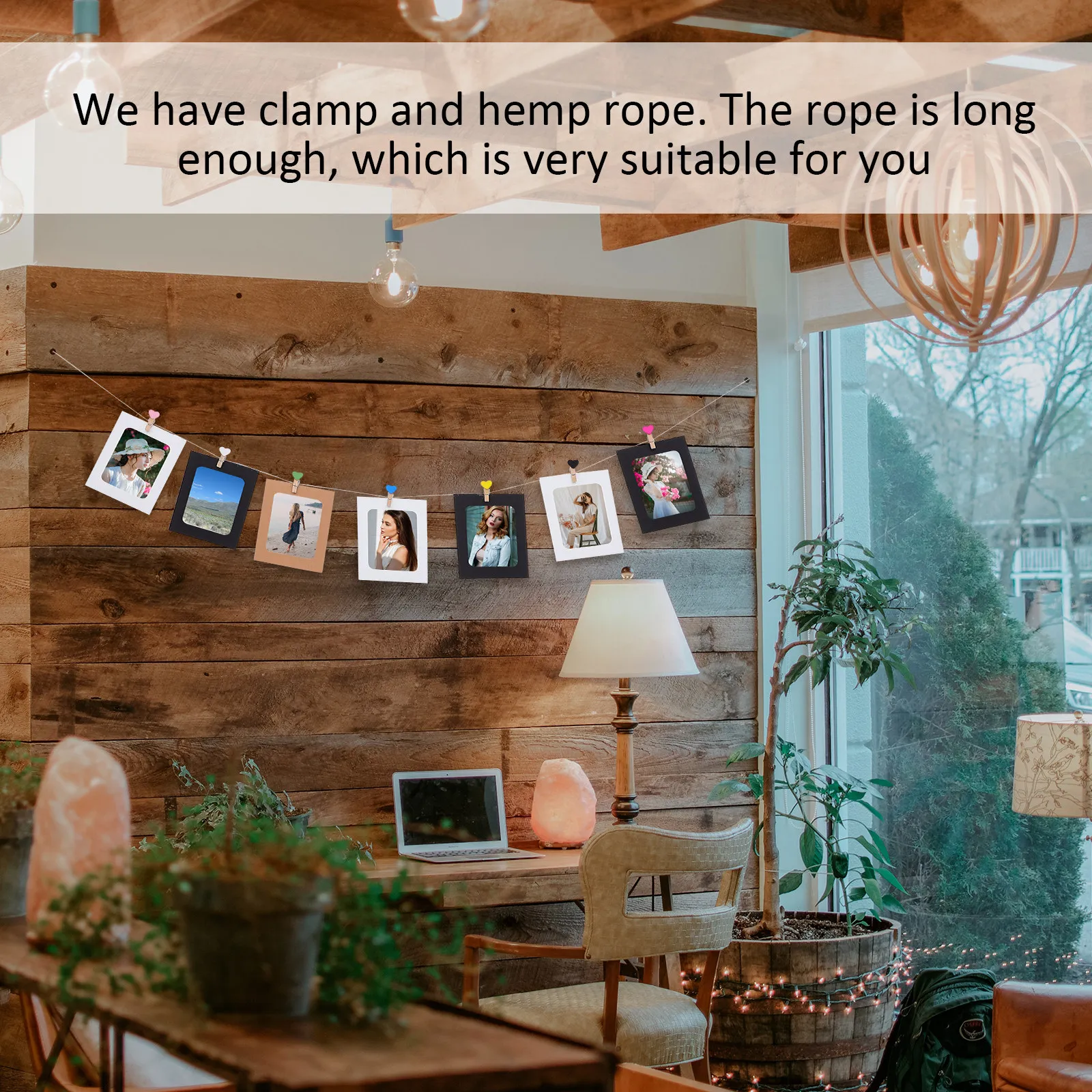 DIY Wall Photo Banner Kit 6 Inch Thick Paper Wooden Frames with Clips Hemp Rope for Bedroom Party Decor